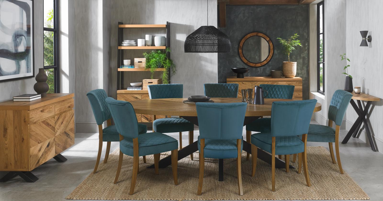 Dining table and chairs in a styled dining room