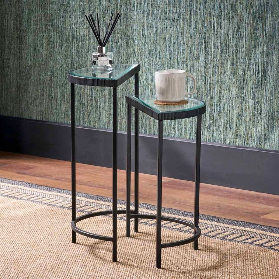 Marazzi Set of 2 Bevelled Glass and Black Metal Half Moon Side Tables